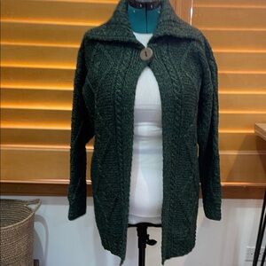 Forest Green CARRAIGDONN Cardigan Women's S Cable Knit Pure New Wool Irish